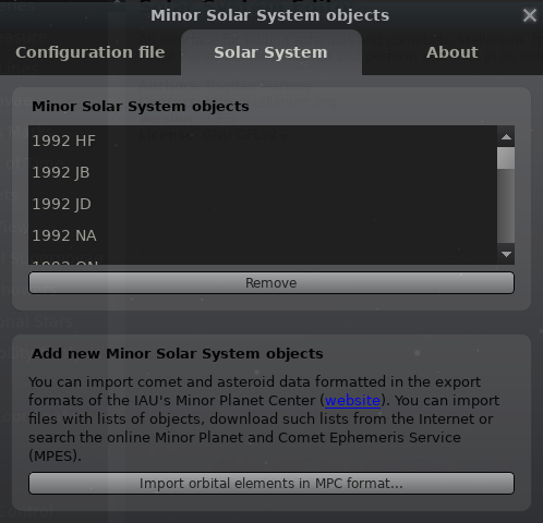 Stellarium - Solar System zakładka