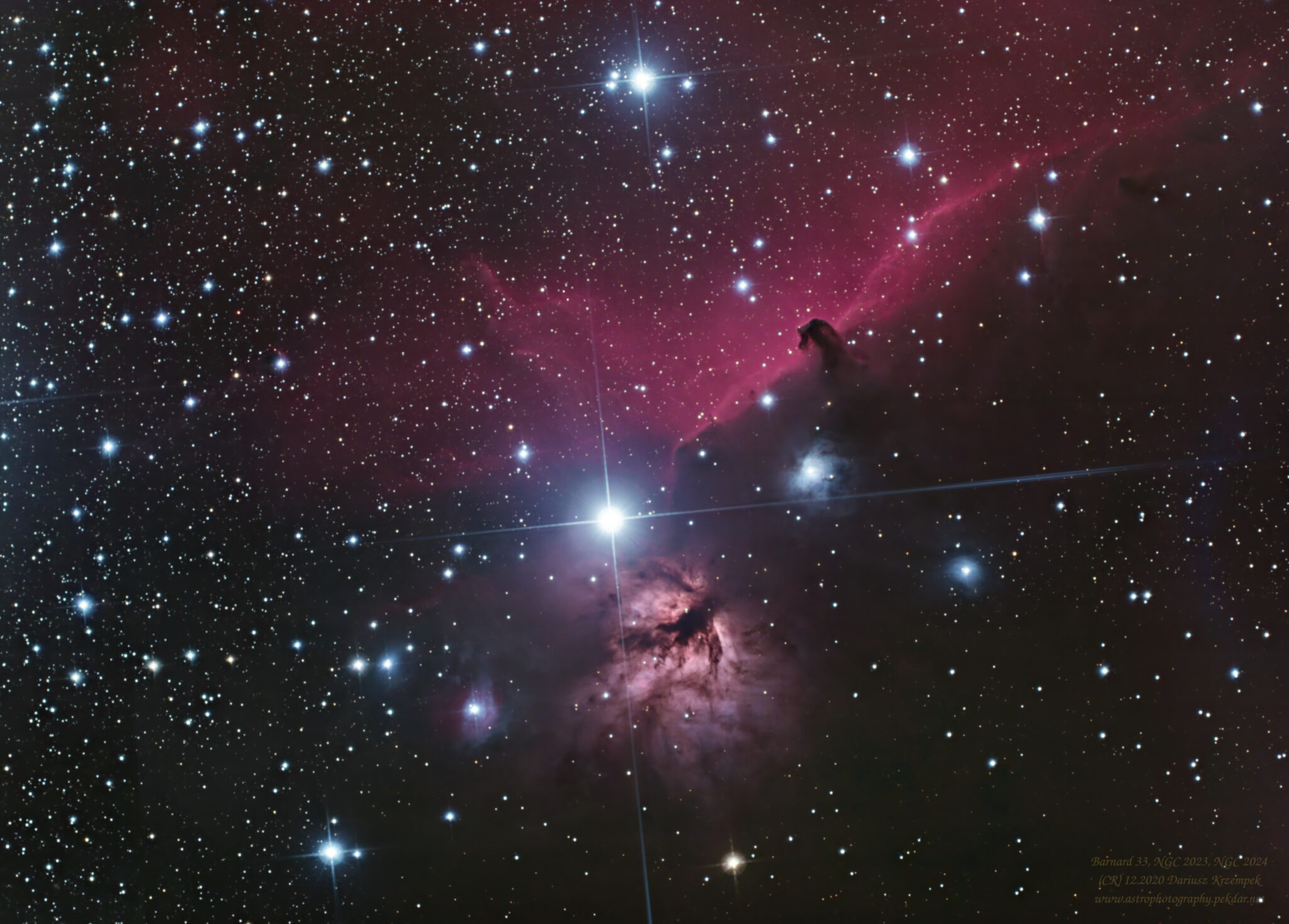 Barnard 33 na tle IC 434, NGC 2023, NGC 2024, ASAS 053739-0146.3 background