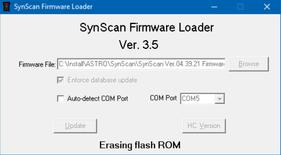SynScan V4 Update - Loader - Erasing flash ROM process