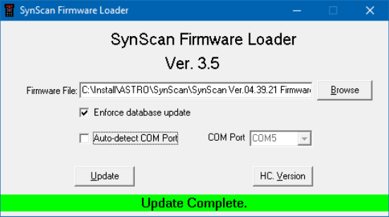 SynScan V4 Update - Loader - Update process completed