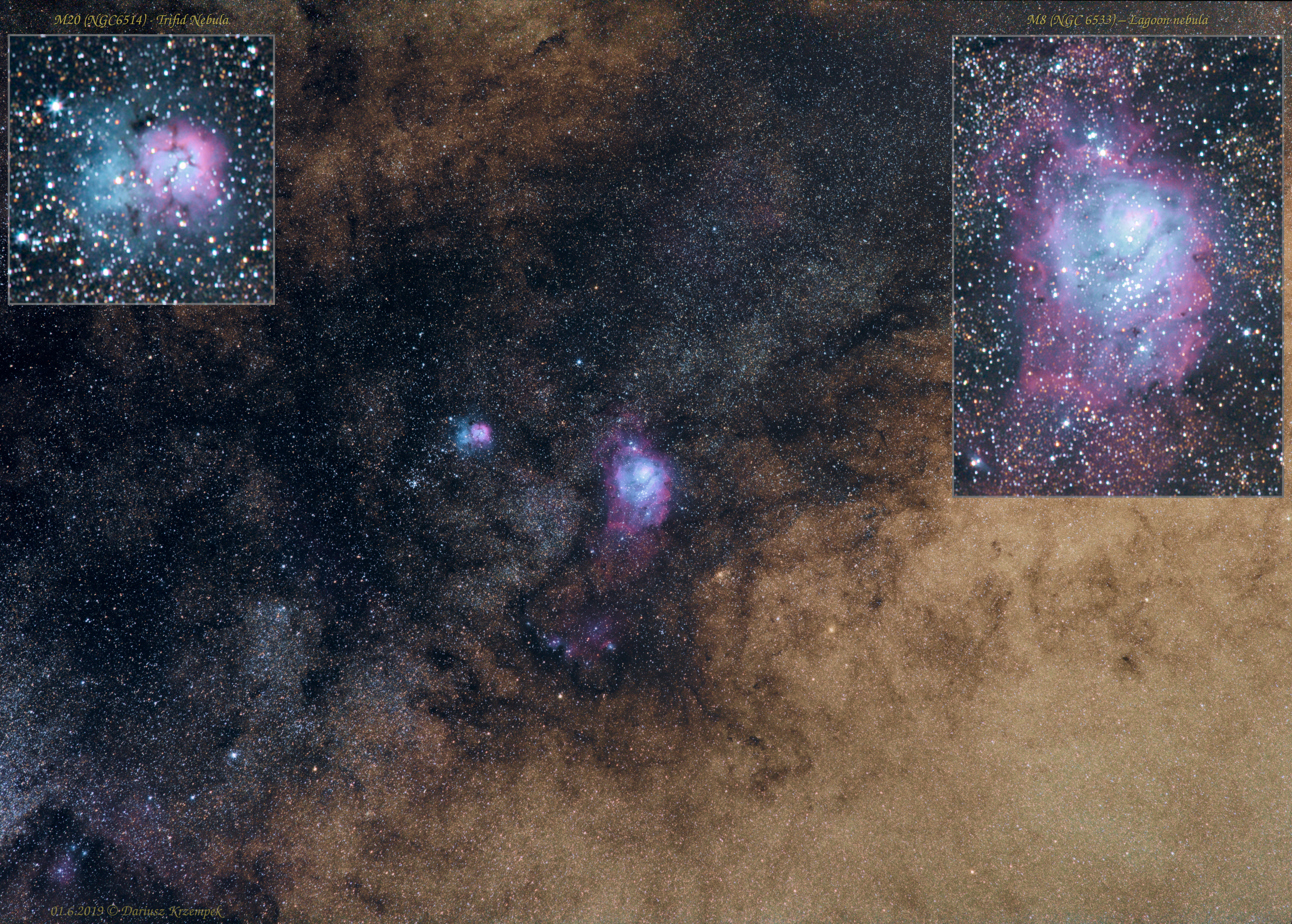 Lagoon Nebula - M8 / NGC 6533 and – M20 / NGC 6514 with crops