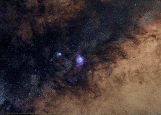 The Lagoon Nebula - M8 (NGC 6533) and – M20 (NGC6514) with stars reduced